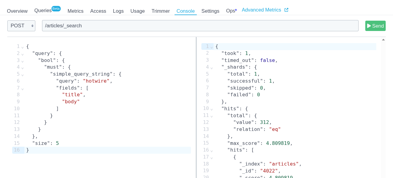 Bonsai Console running the Active Search query