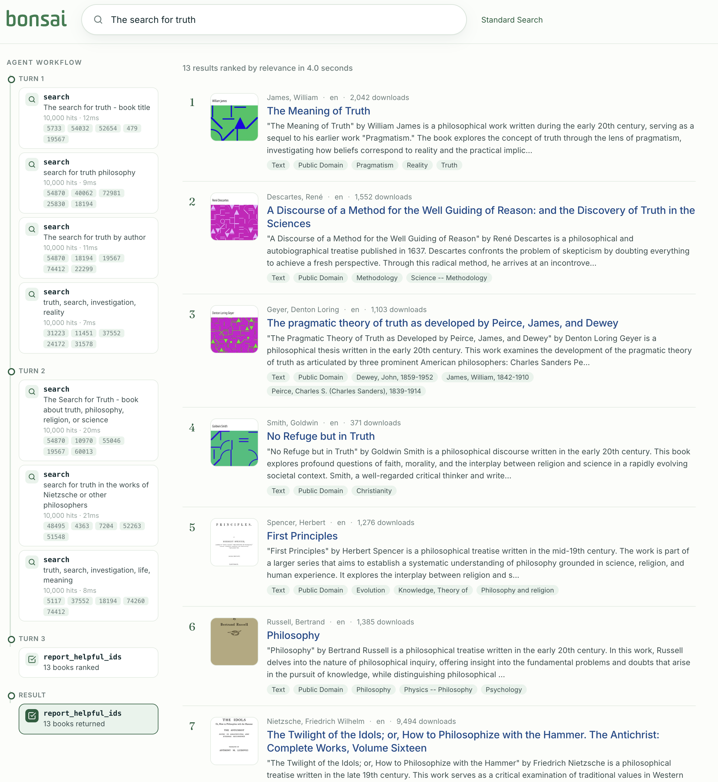 Bonsai Search UI showing Agentic Gutenberg book search results