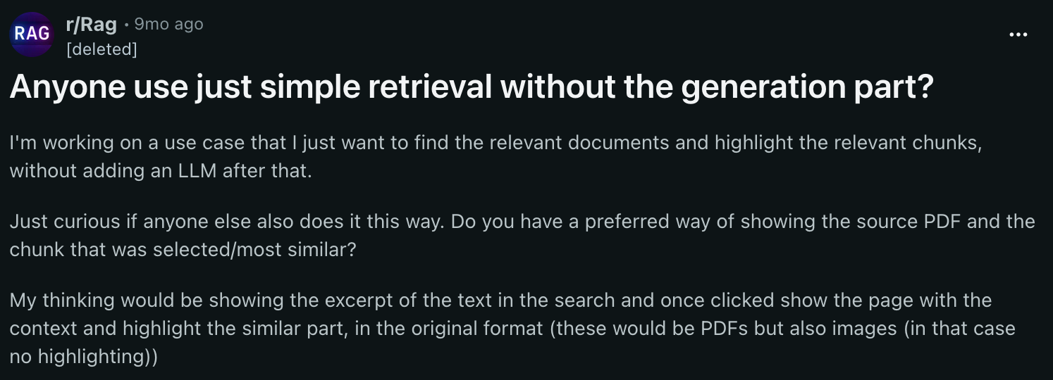Anyone use just simple retrieval without the generation part?