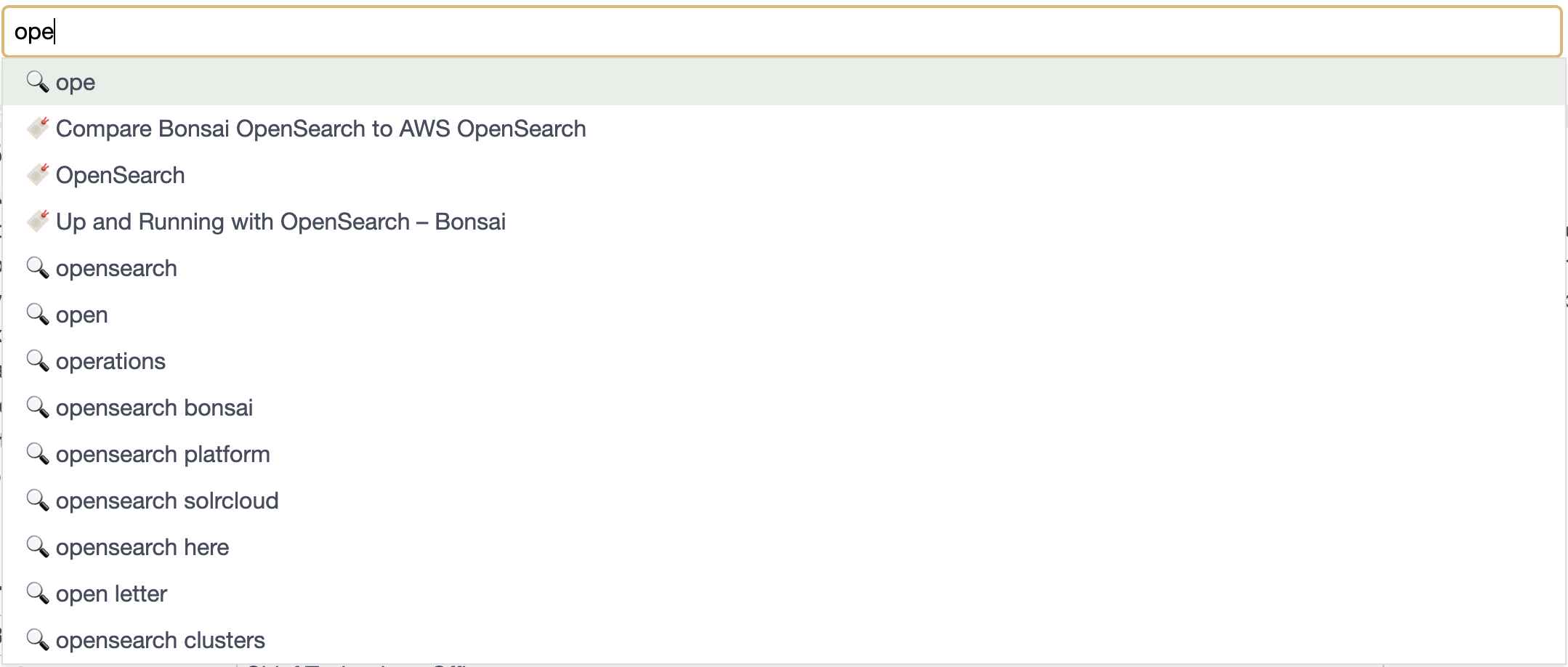 Completed example searching the `ope` prefix