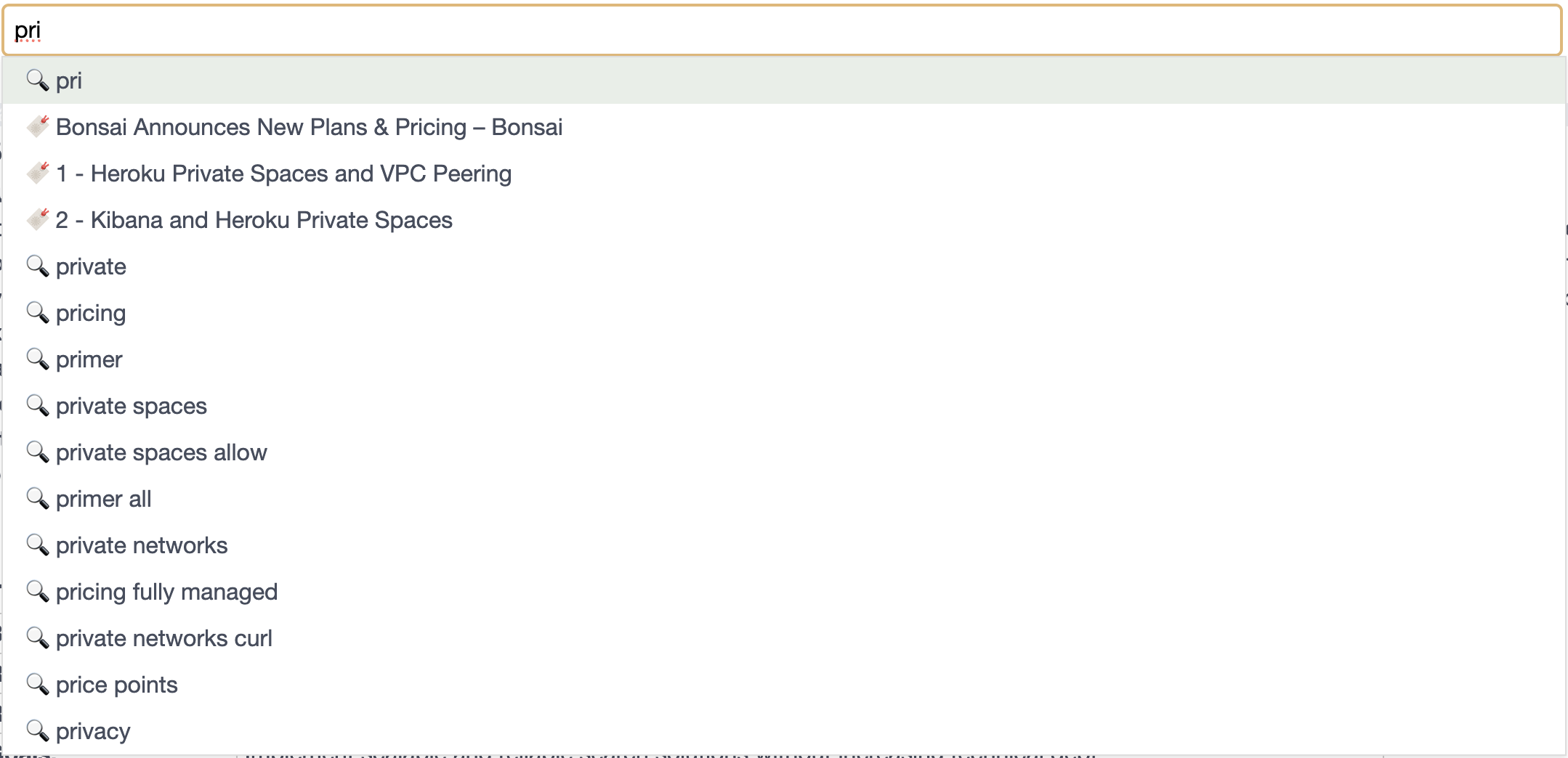 Completed example searching the `pri` prefix