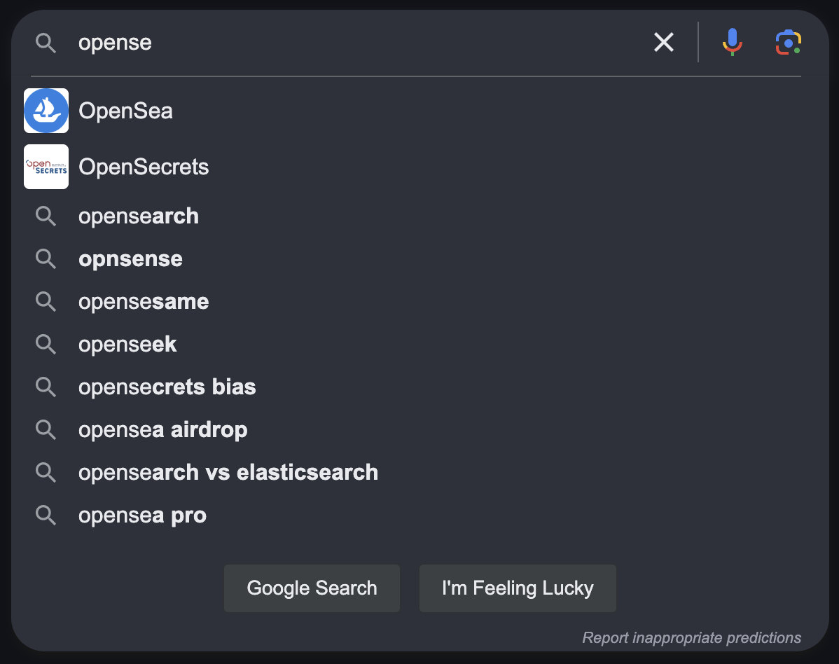 Google's autosuggest for ‘opense'