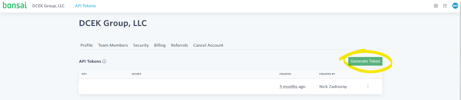 Bonsai account dashboard