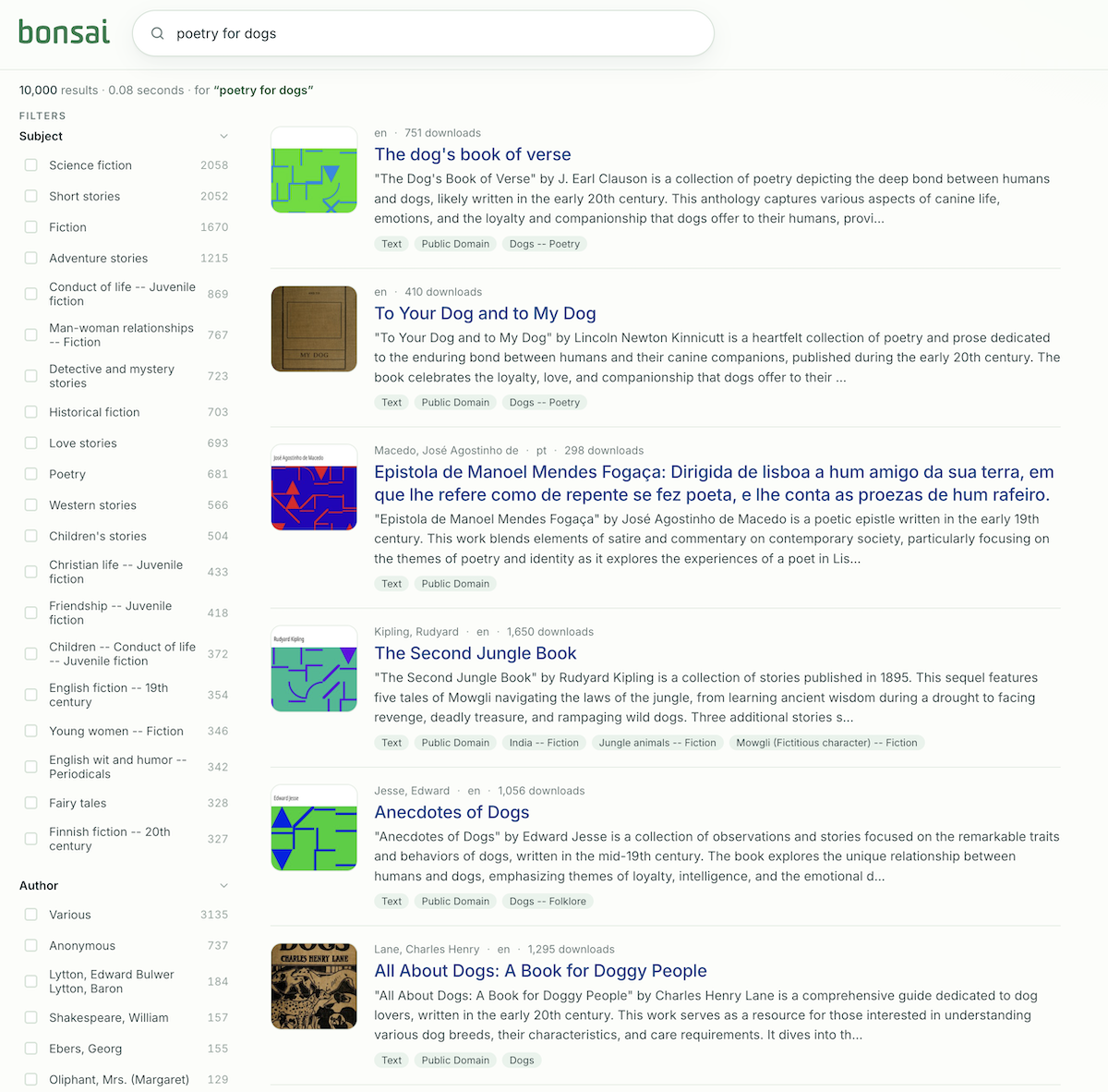 Bonsai Search UI showing Gutenberg book results
