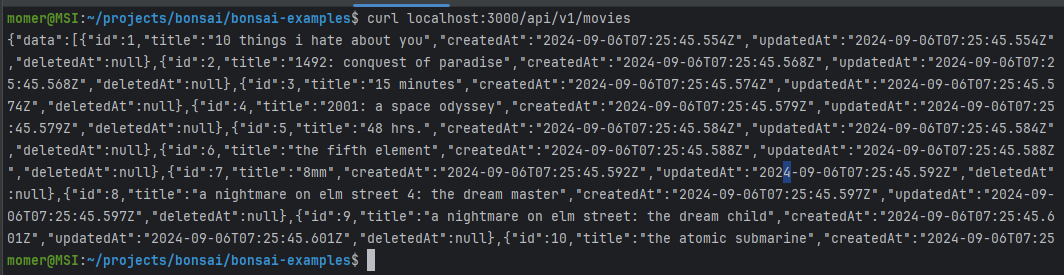 example curl output from API