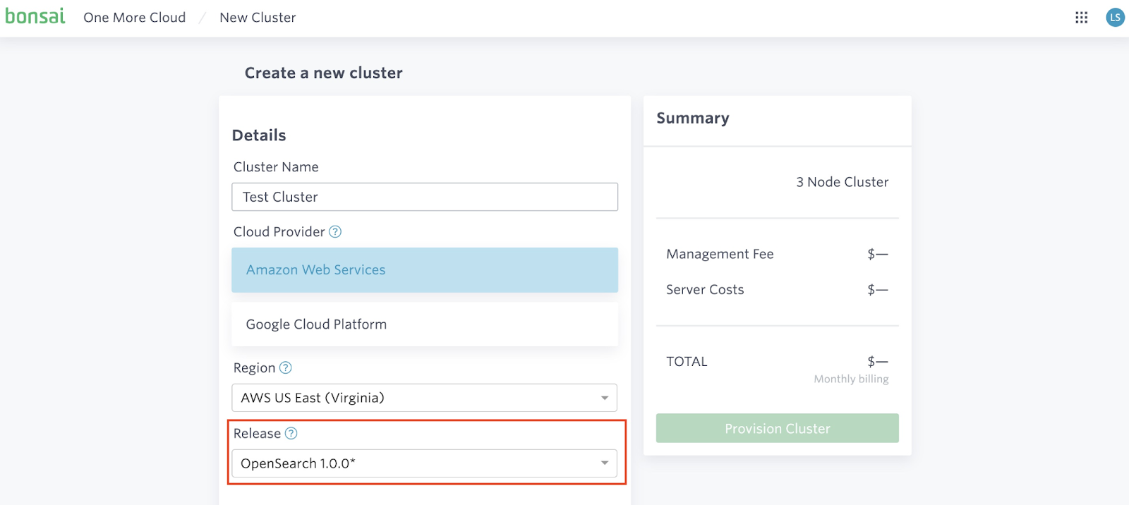 Bonsai - New Cluster form