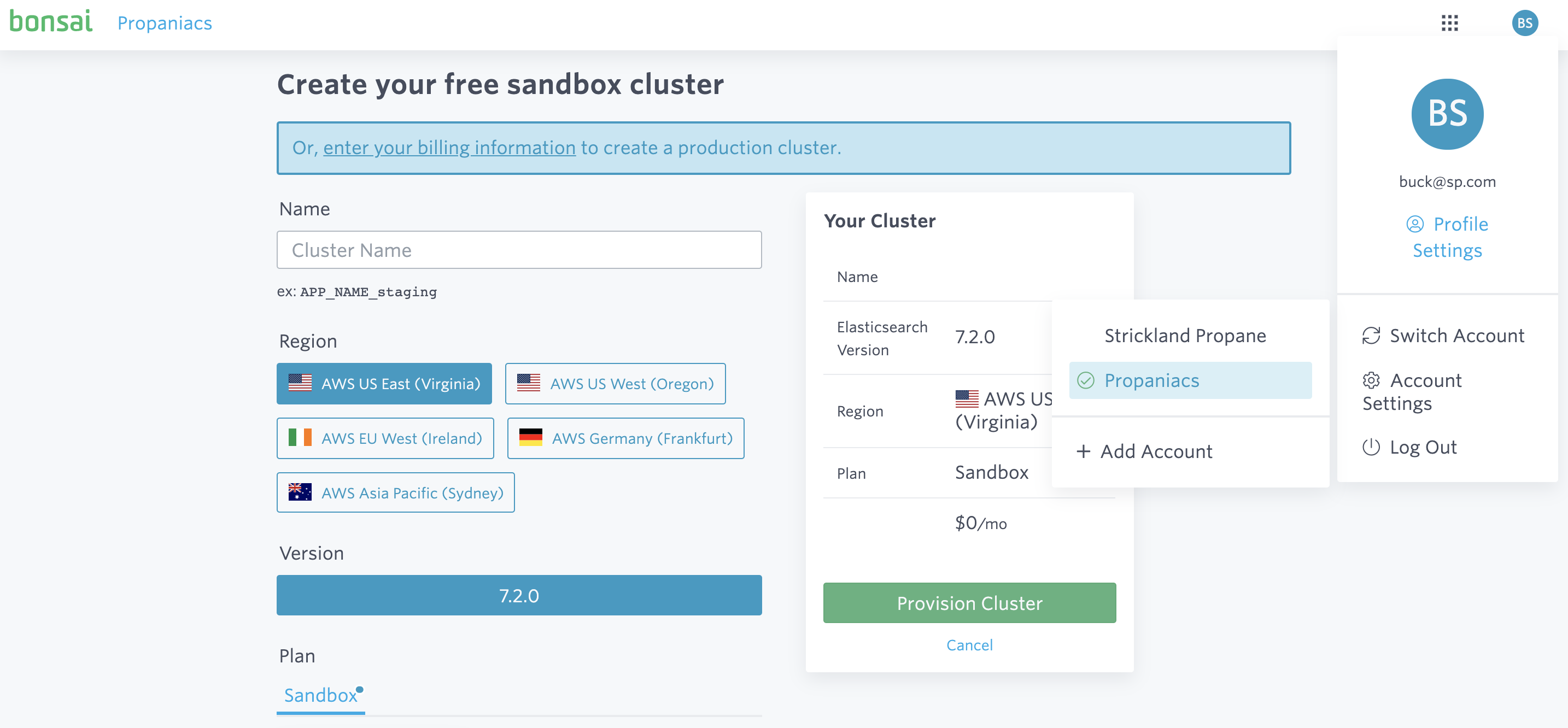 Account switching dropdown