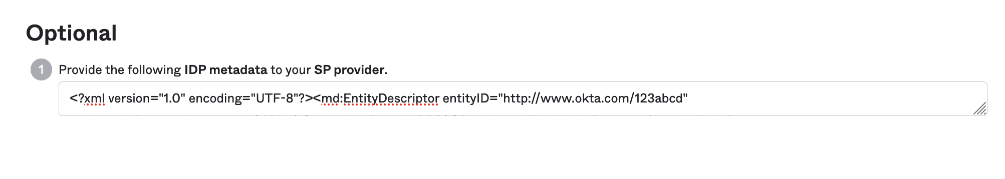 Okta setup instructions page showing IDP metadata section