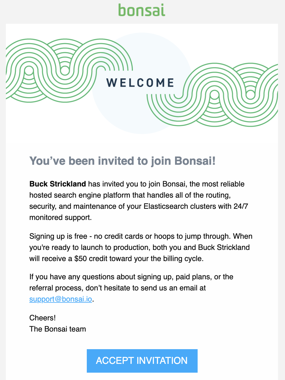 Example of referral invitation email sent to new users