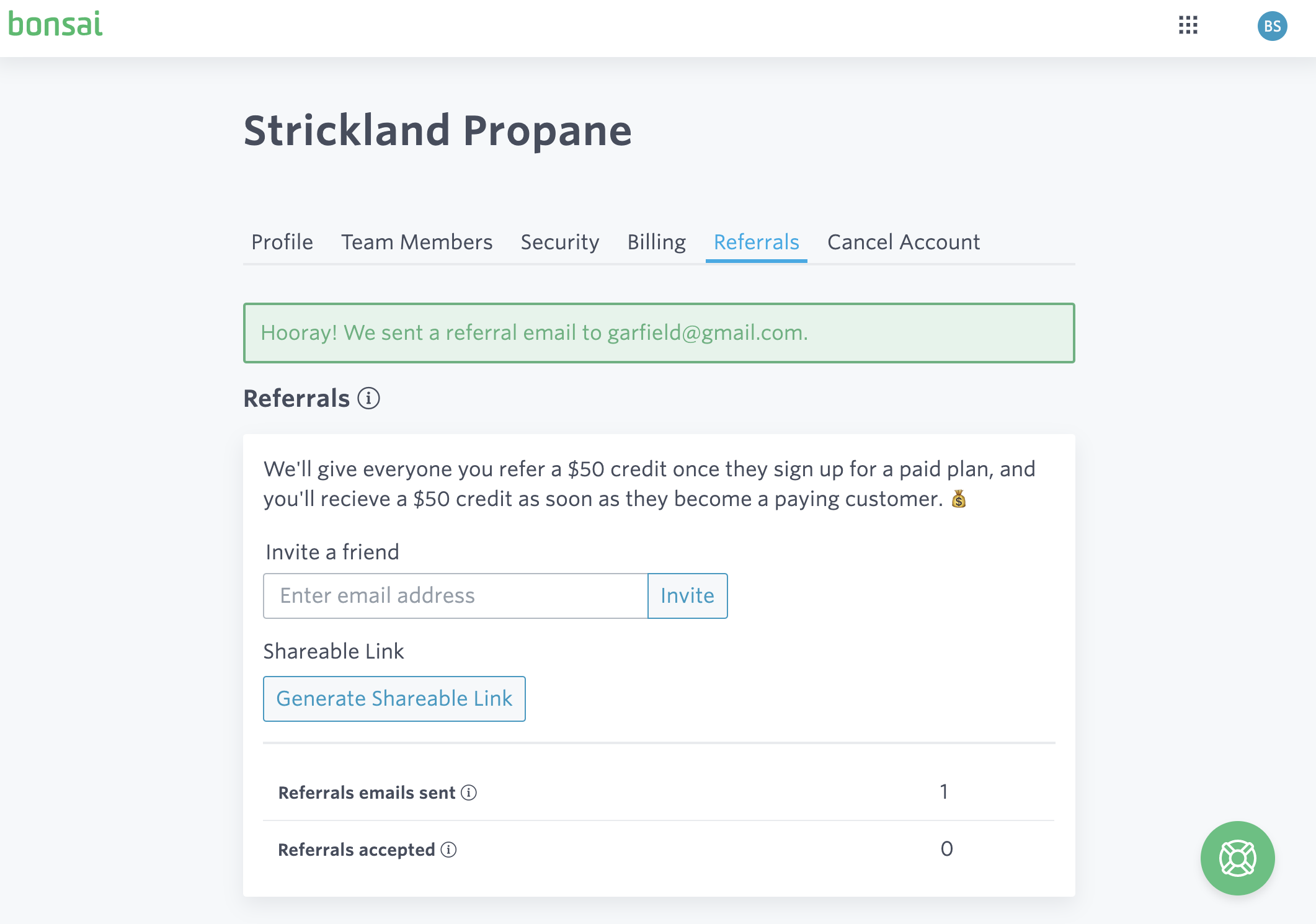 Form to invite a new user by email with referral link