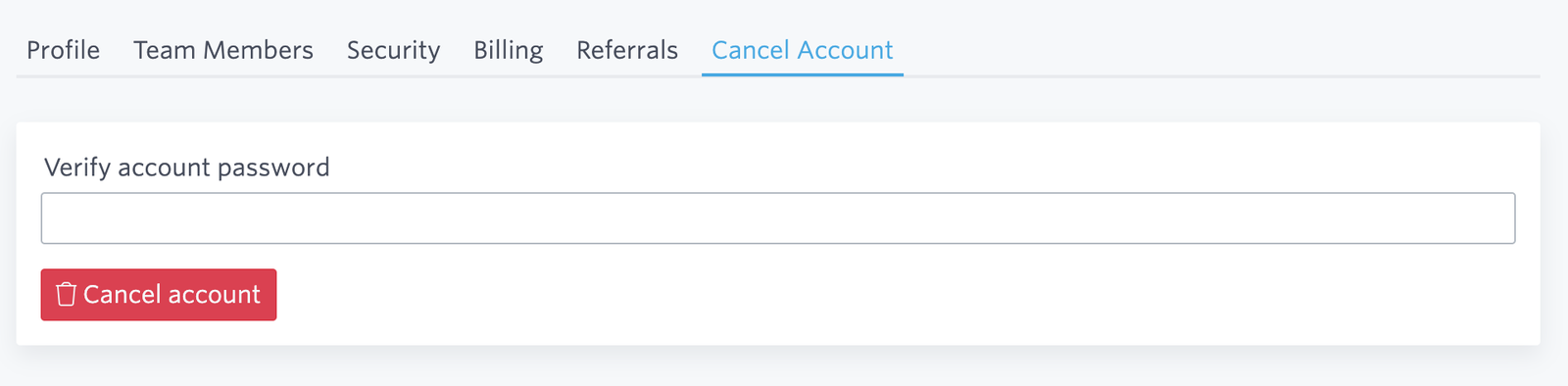Account cancellation confirmation screen requesting password