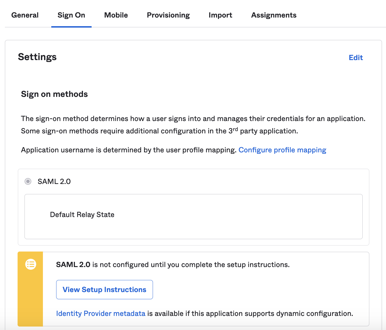 Okta Bonsai application Sign On tab