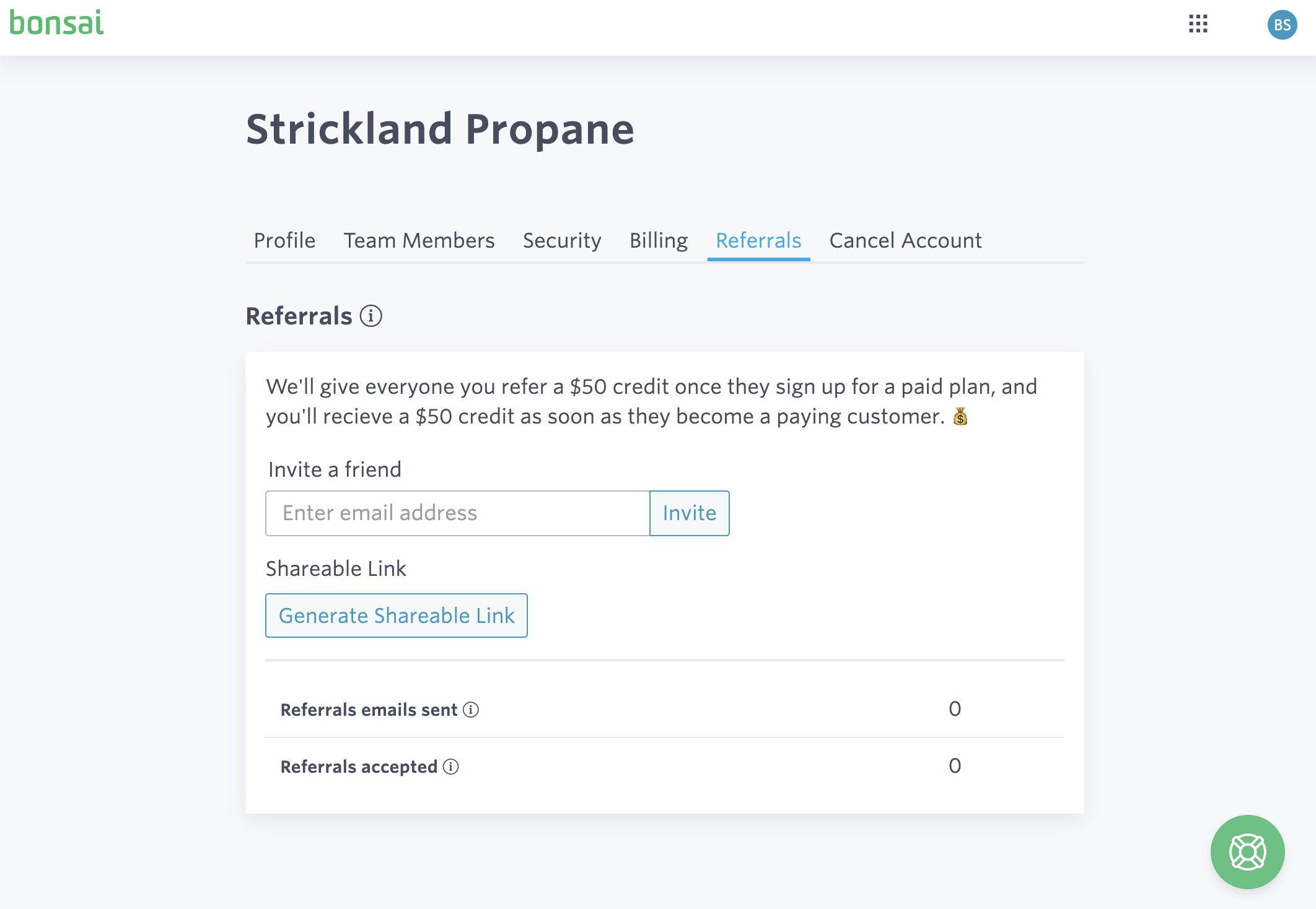 Referral dashboard showing referral URL and referral statistics