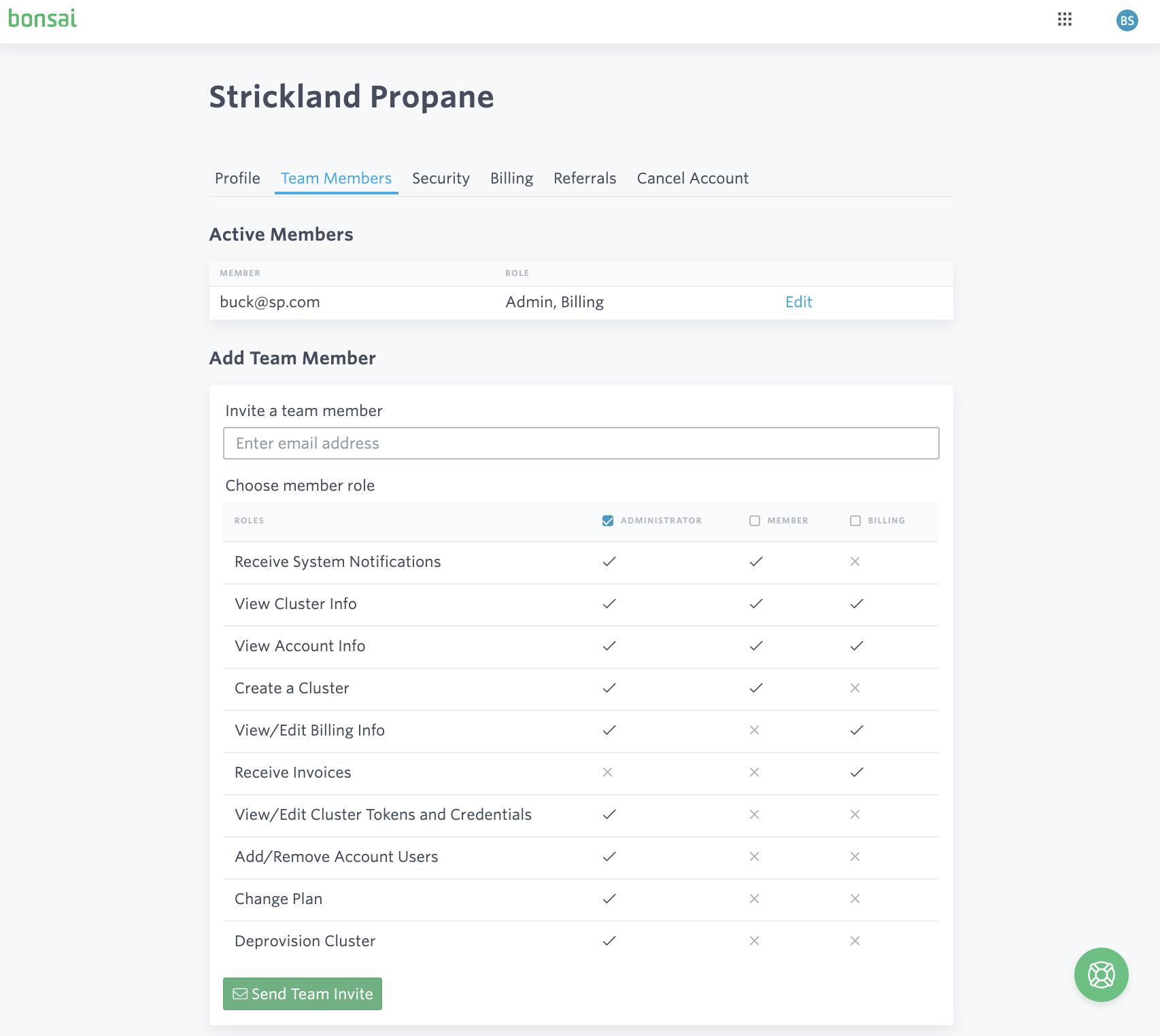 Screenshot of the Bonsai dashboard team members section