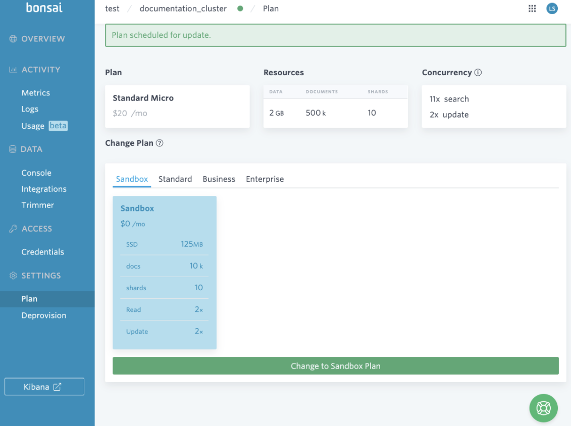Notification banner indicating the plan has been scheduled for update