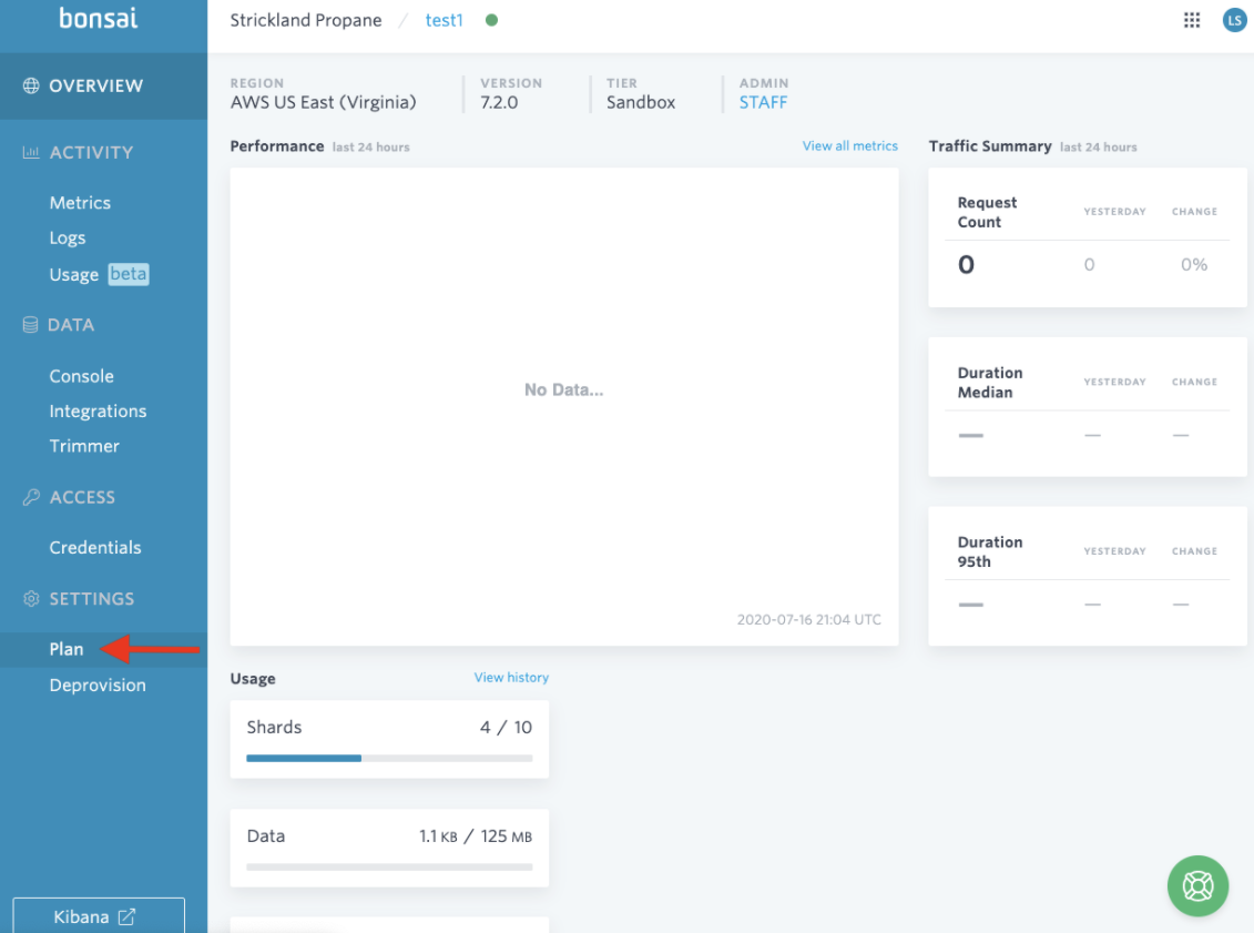 Cluster dashboard showing the Plan section under Settings