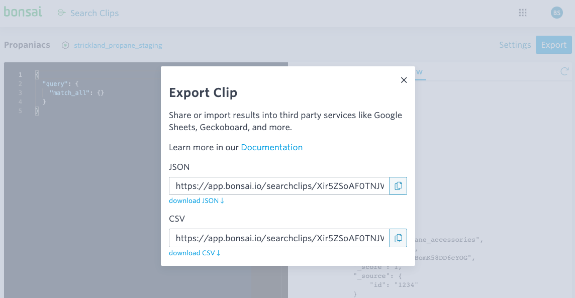 Export button for Clip results