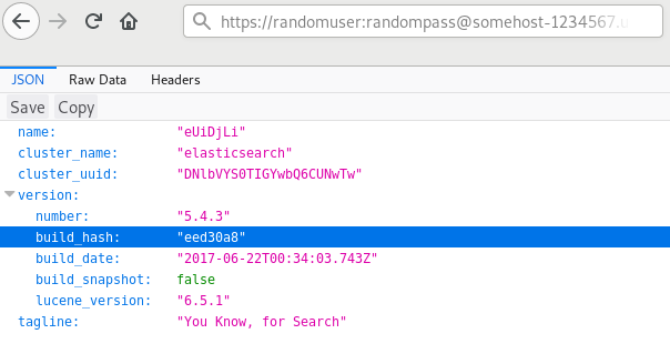 Example of a Bonsai Elasticsearch cluster URL in
a browser address bar