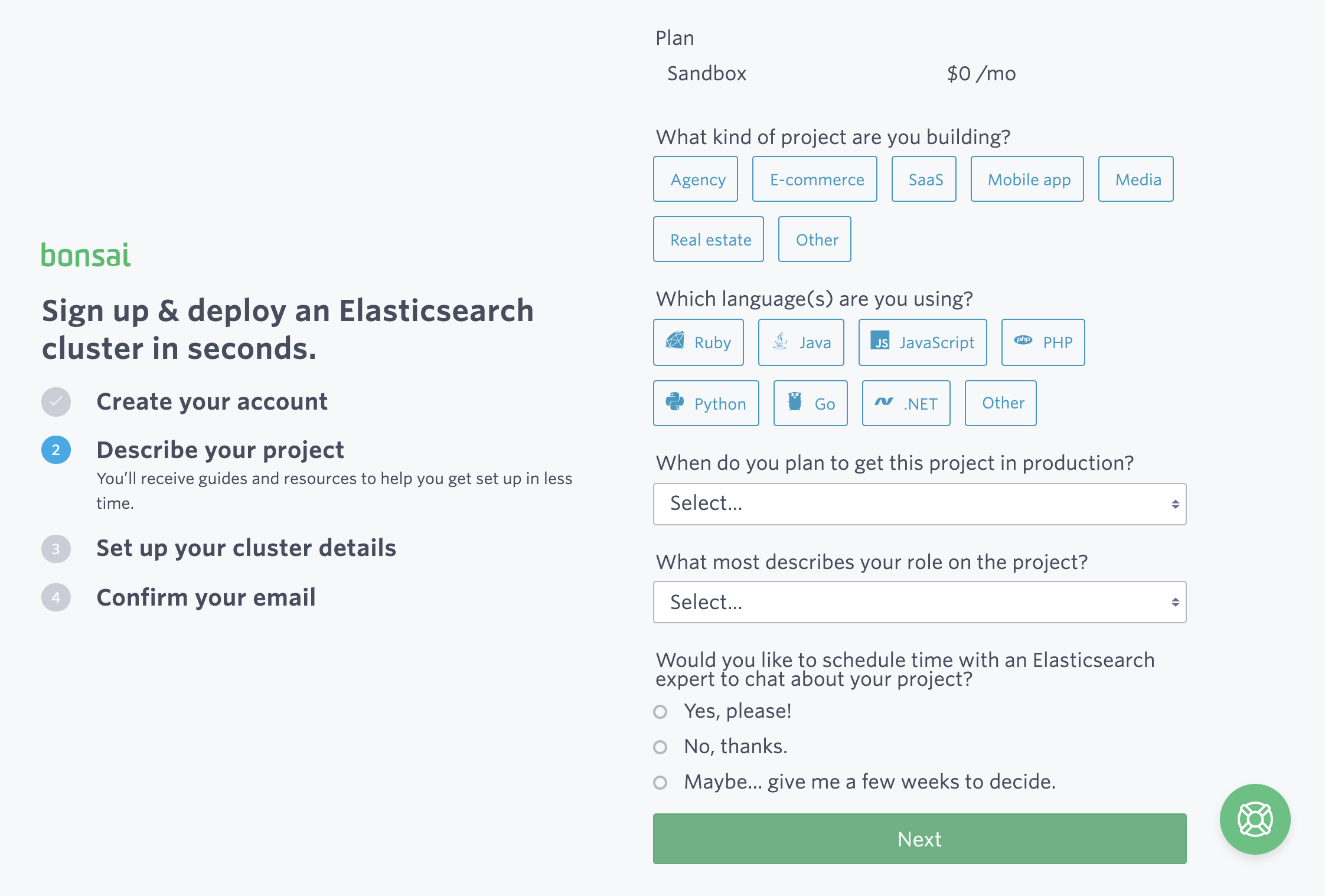 Form for entering project details during Bonsai
signup