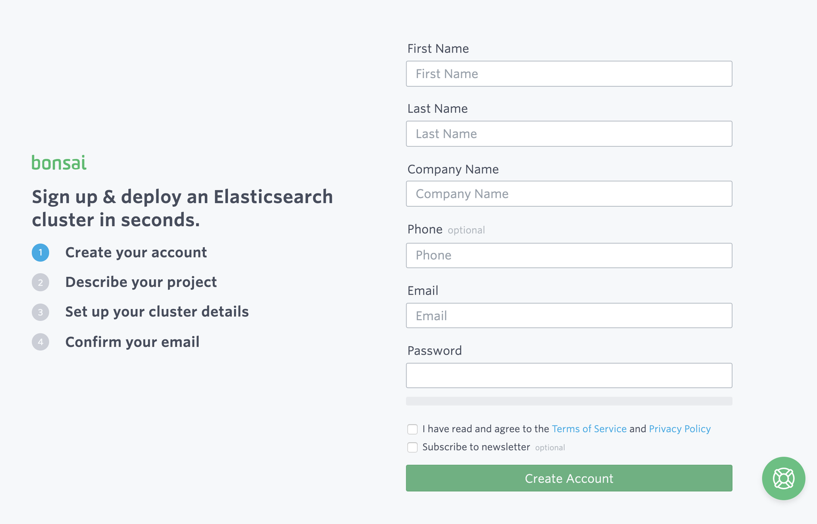 Bonsai sign up page showing account creation
form
