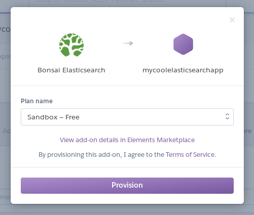 Heroku dashboard showing provision button