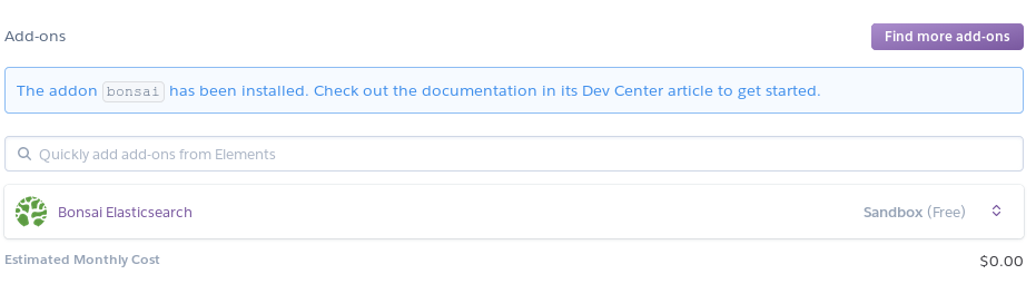 Heroku dashboard showing provisioned Bonsai cluster
