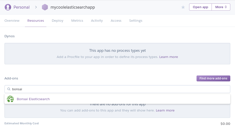 Searching for Bonsai in Heroku Resources tab