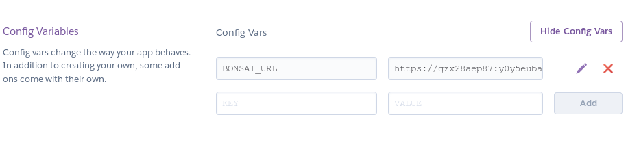 Heroku revealed Config Vars showing BONSAI_URL