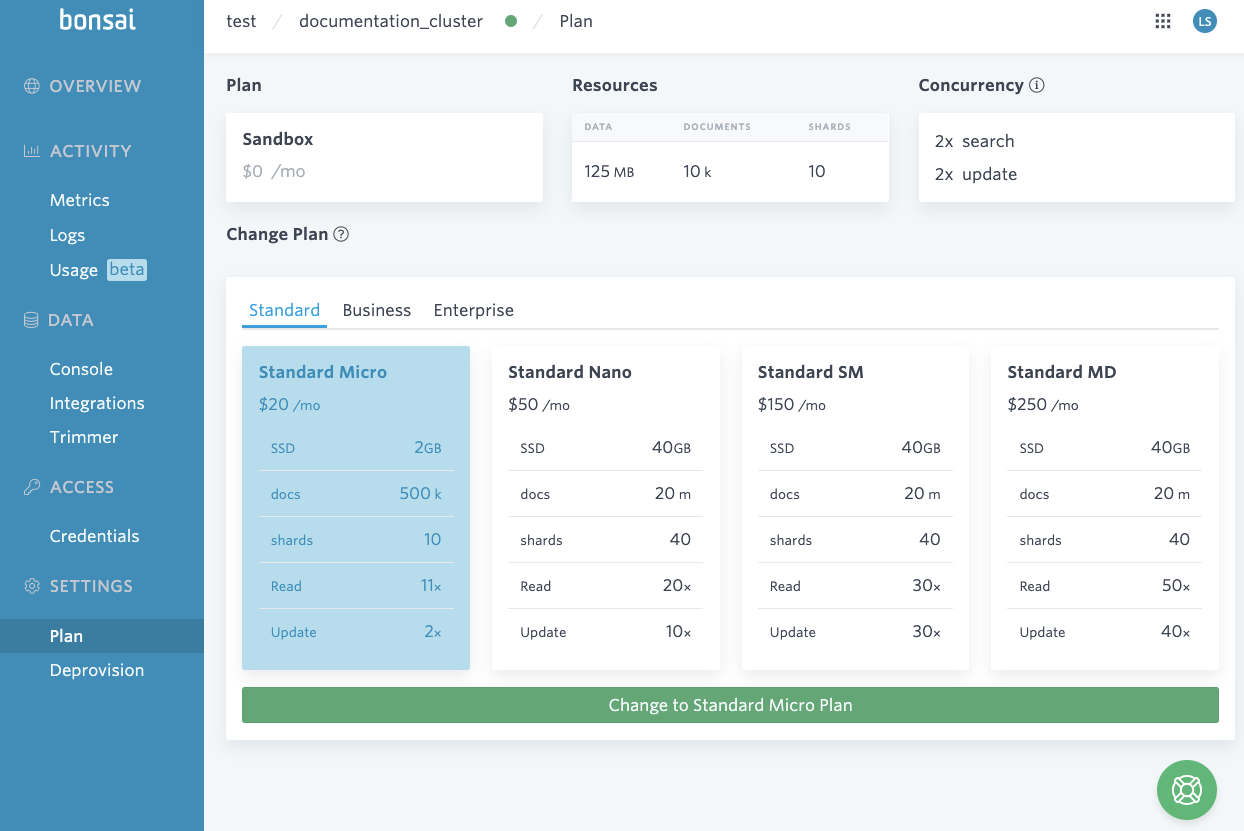 Cluster plan selection screen showing available plans and Change Plan button