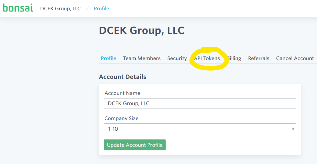 API Tokens overview page