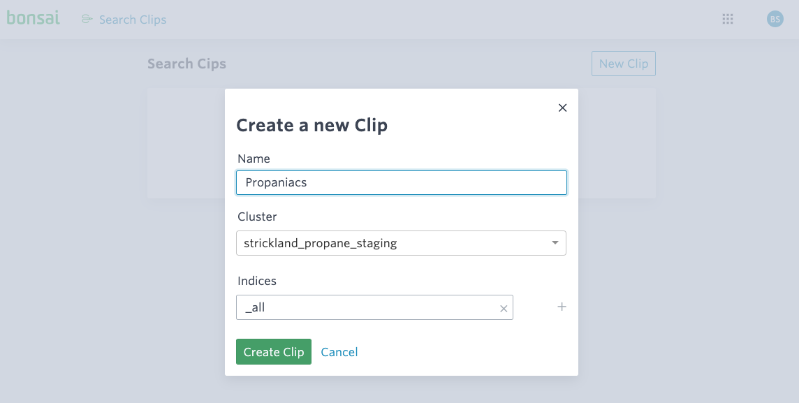 Modal for creating a new search clip