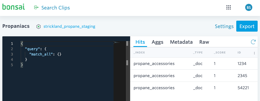 Response View showing hits and aggregations
